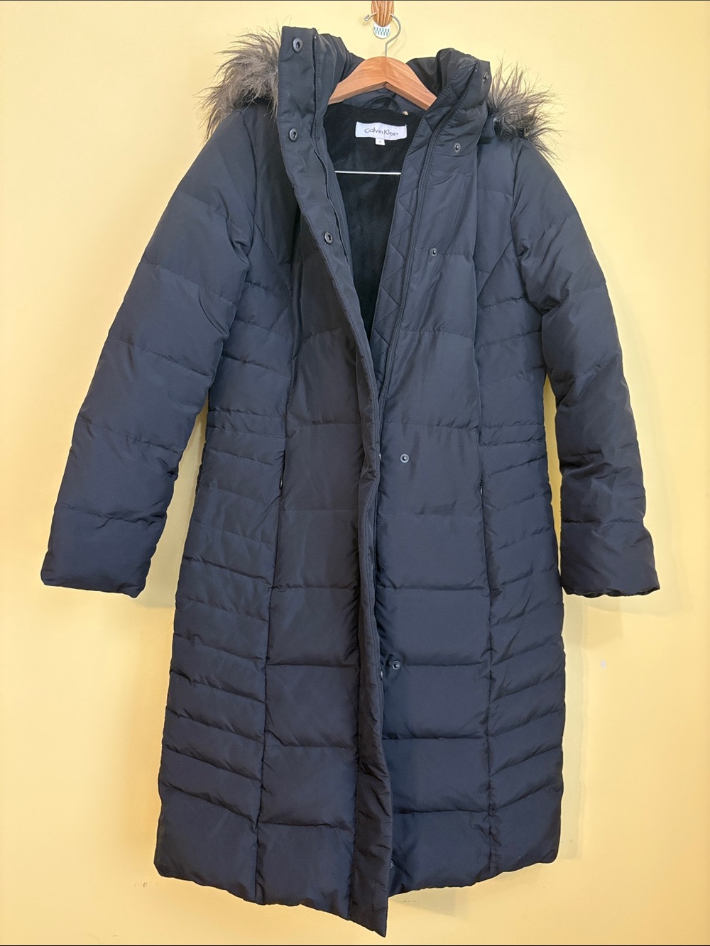Calvin Klein | Black Long Hooded Puffer Parka Quilted Zip Snap Coat Jacket Small - Picture 4 of 16